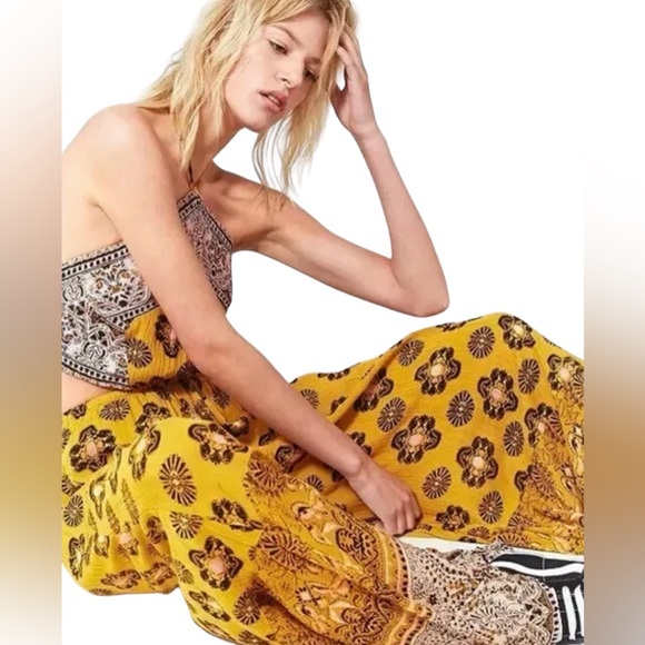 Free People Mariabelle Yellow Mustard Jumpsuit Moraccan Size Medium - Picture 3 of 6